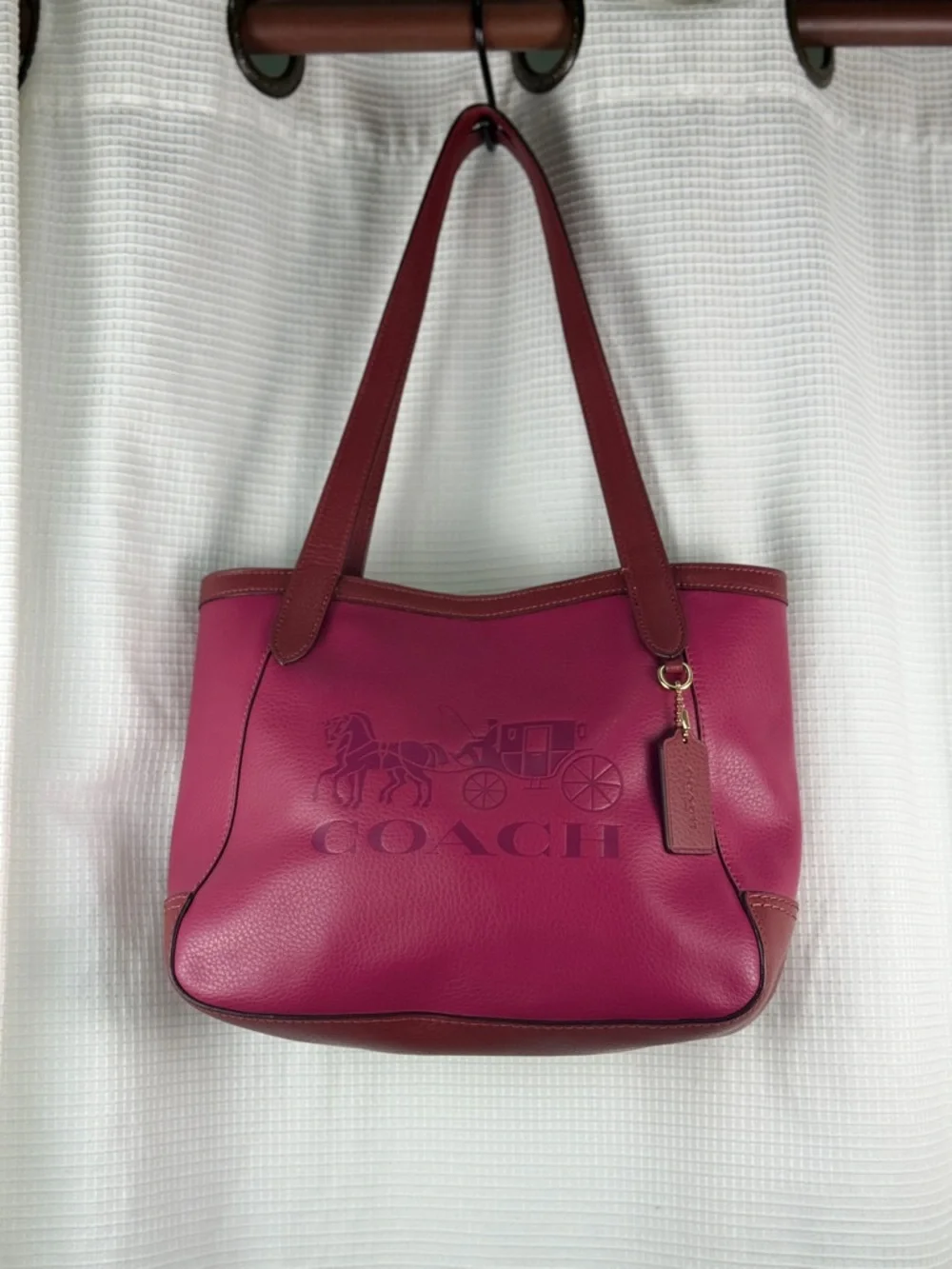Coach Wine & Pink Leather Tote Horse & Carriage Embossed Logo - Picture 13 of 16